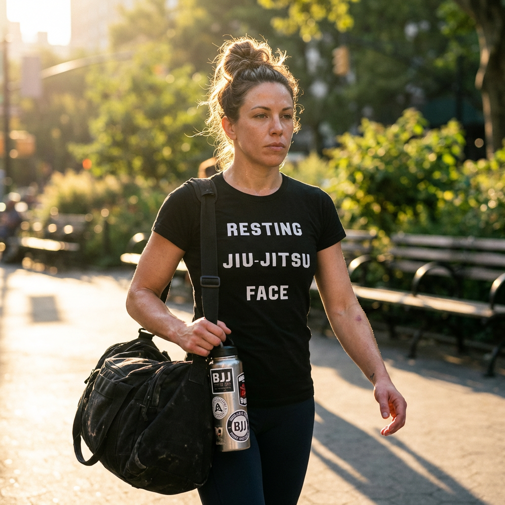 Woman wearing the Resting Jiu-Jitsu Face BJJ graphic tee, carrying a gym bag and water bottle in a sunny park.