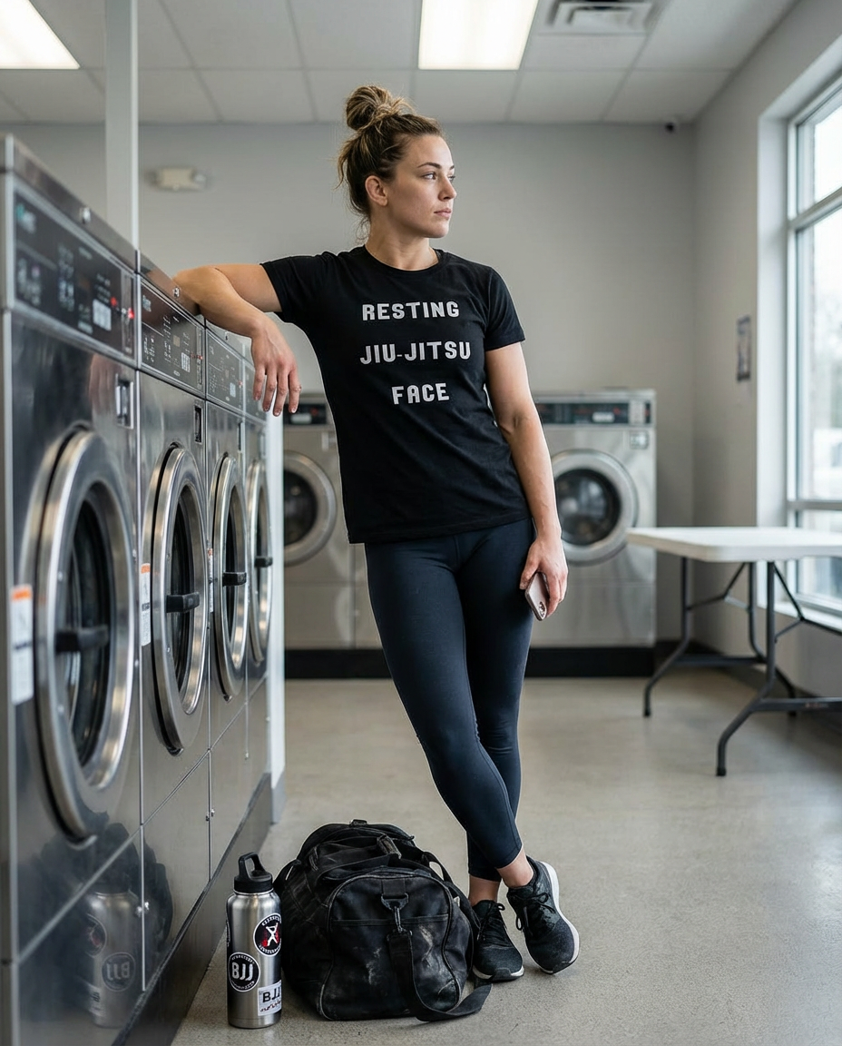 Woman in a laundromat wearing the Resting Jiu-Jitsu Face BJJ lifestyle shirt with black leggings and gym bag.