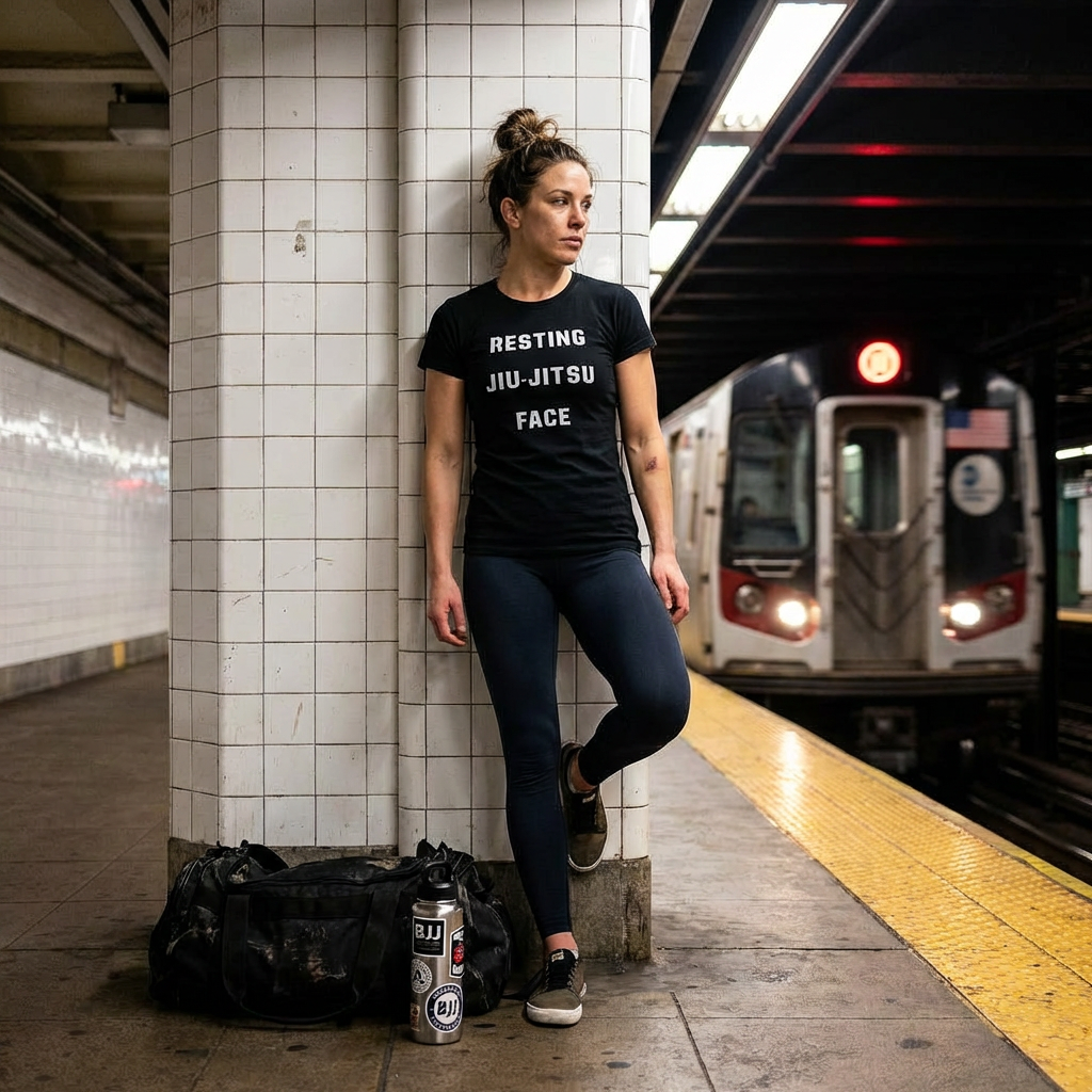 Woman in black Resting Jiu-Jitsu Face graphic tee on a subway platform with a gym bag and train in the background.