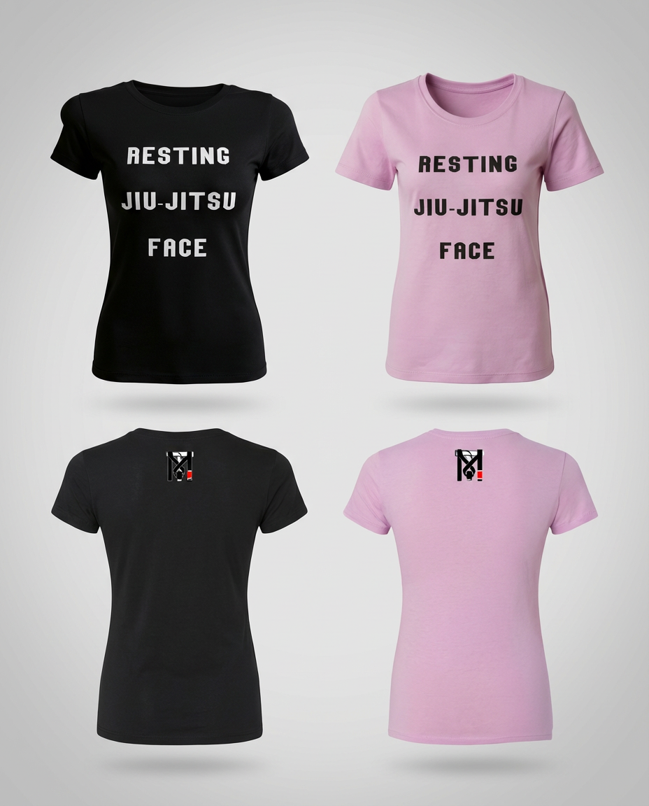Front and back views of black and pink Resting Jiu-Jitsu Face women's BJJ graphic tees by Top Mount Apparel.