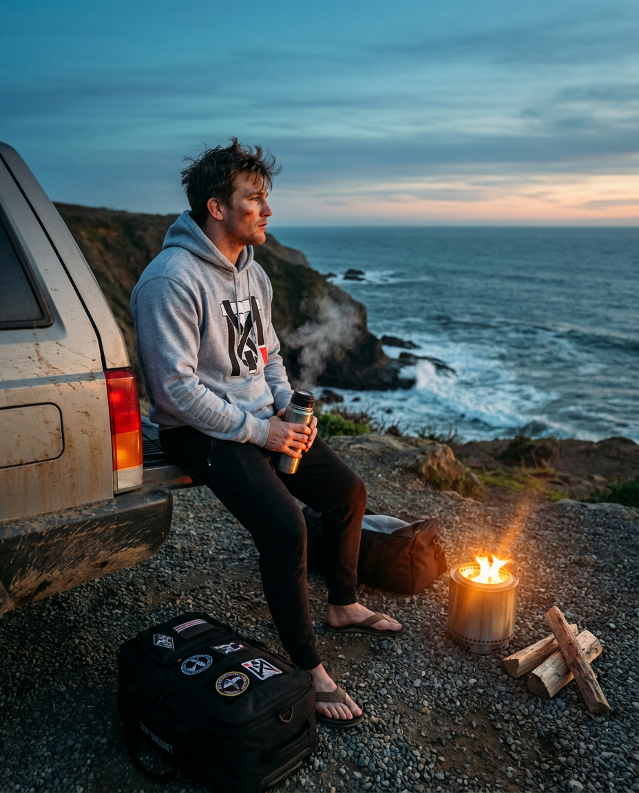 BJJ practitioner in a Top Mount Post-Roll Recovery Hoodie by a coastal fire pit, showing the grey Jiu Jitsu lifestyle layer.