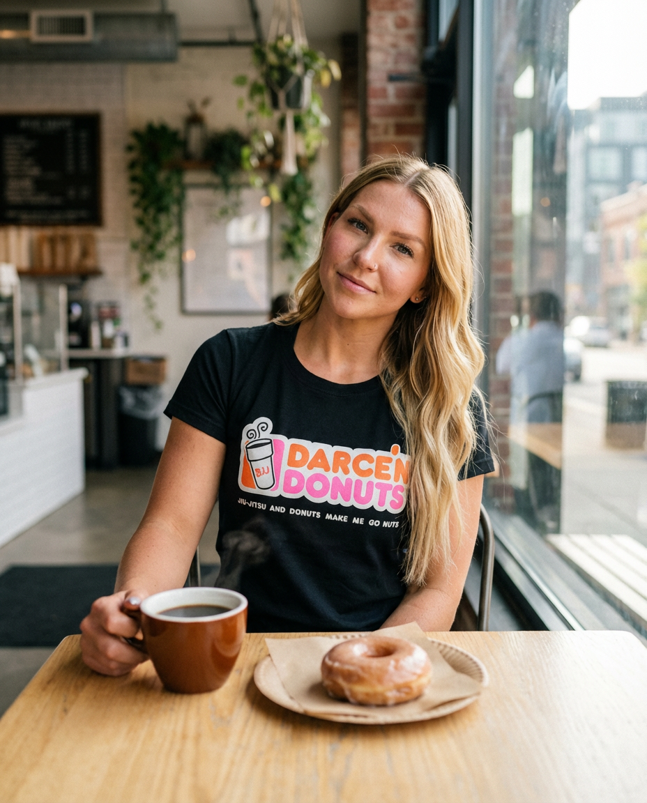 Woman in a Darce'N Donuts Women's BJJ Tee at a cafe table with a glazed donut and coffee for post-roll recovery.