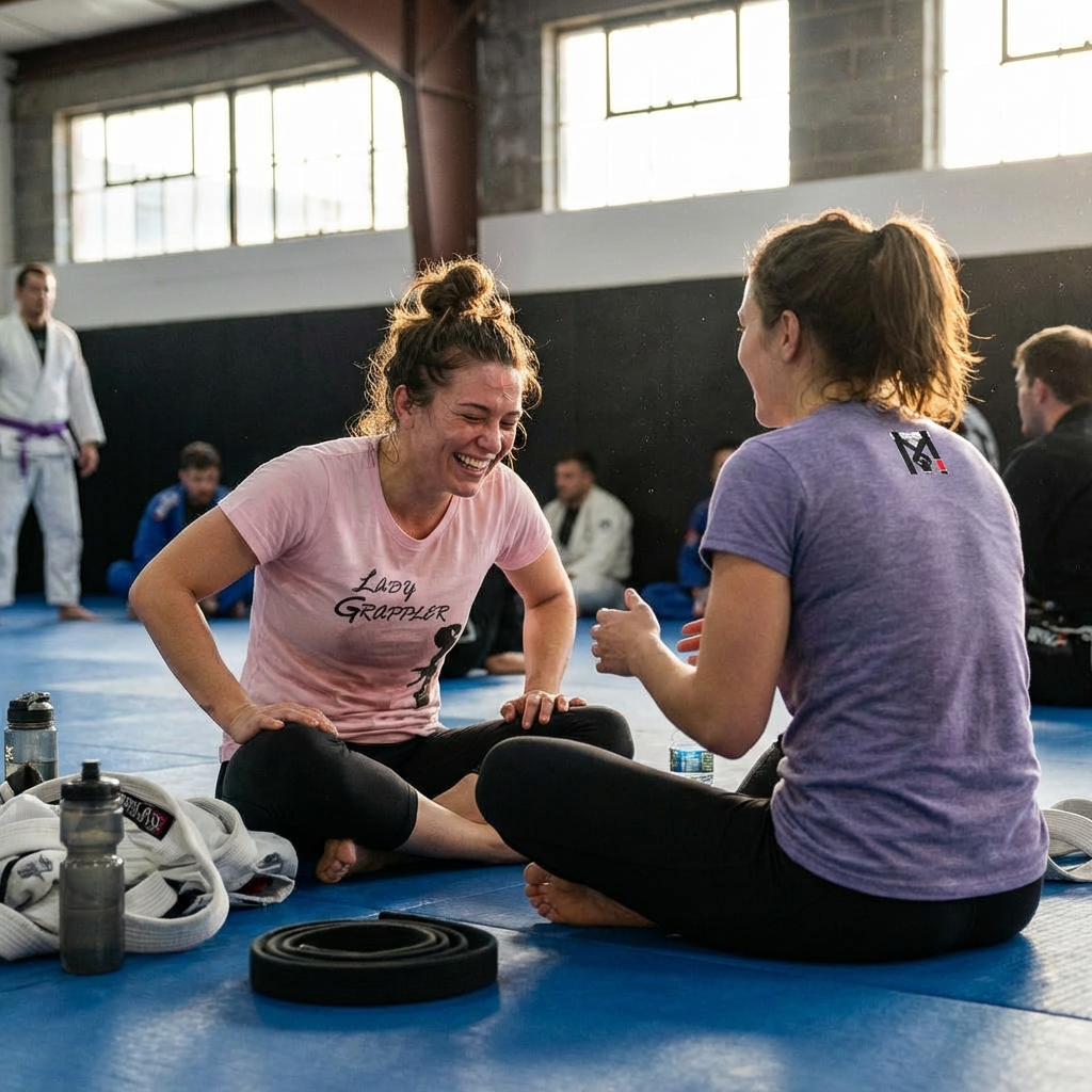 Woman laughing in a pink Lady Grappler BJJ Graphic Tee while sitting on blue gym mats with a training partner.