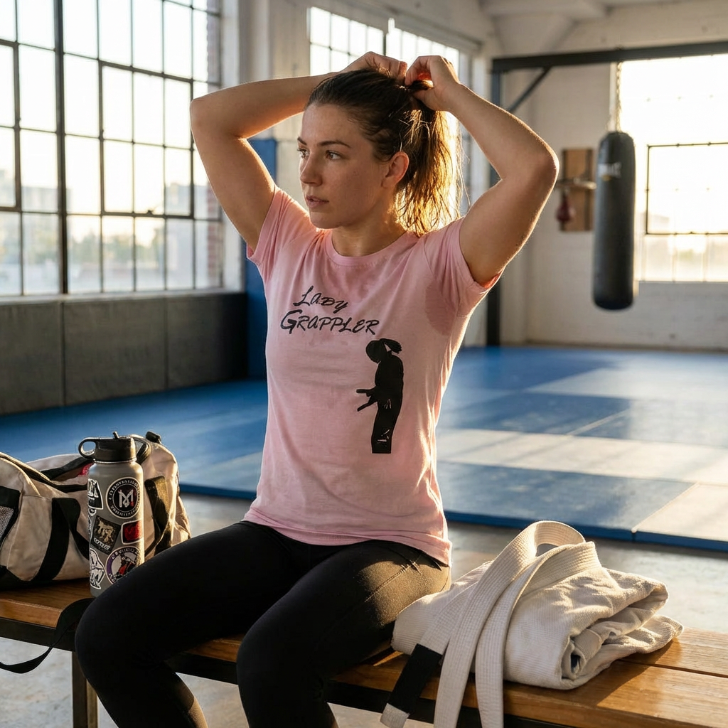 Woman in pink Lady Grappler BJJ Graphic Tee tying her hair at a gym with a white Gi and gym bag on a bench.
