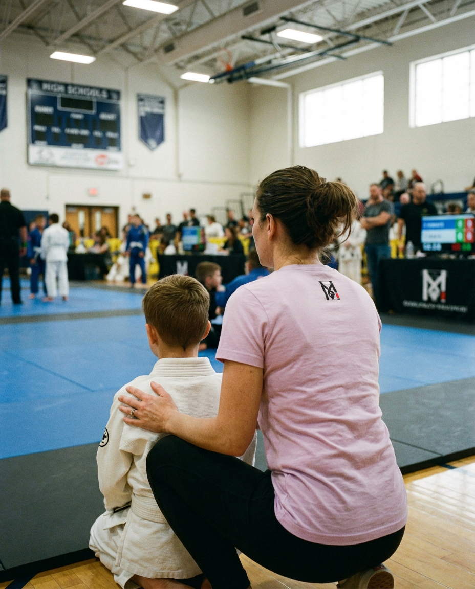Woman in a "Jiu-Jitsu Mom T-Shirt" with Top Mount logo, supporting her son in a gi at a BJJ tournament.