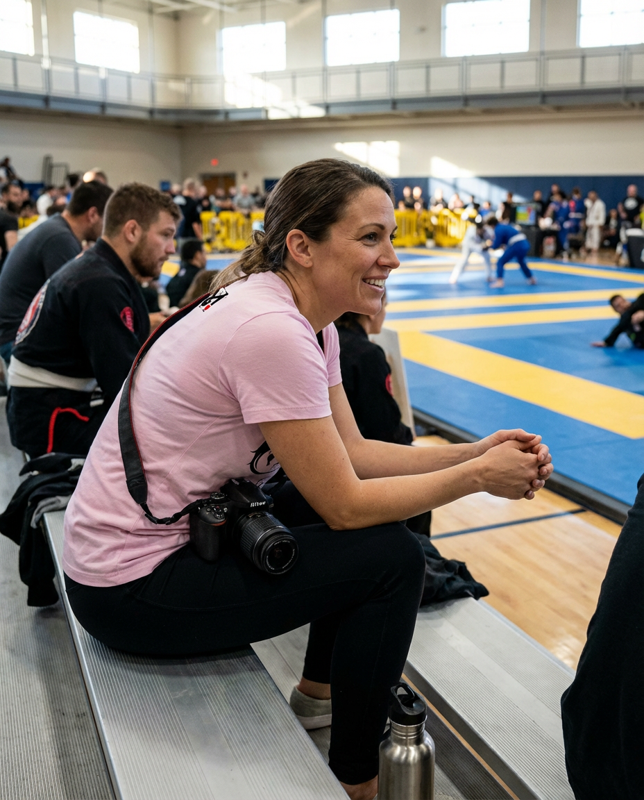 Smiling woman in a pink Jiu-Jitsu Mom T-Shirt - Support Your Lil Warrior | Top Mount, watching a BJJ competition from bleachers.