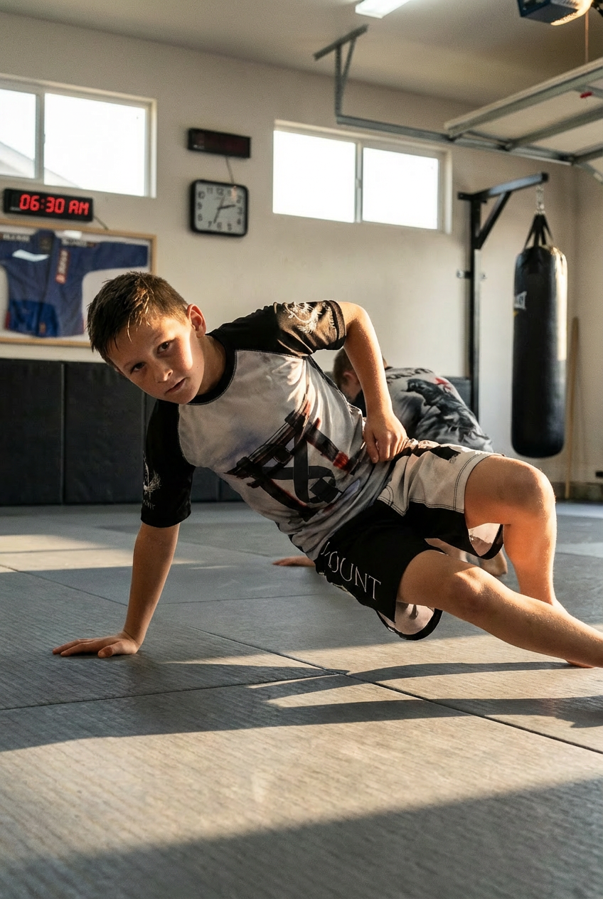 Young boy training in a Torii Warrior Spirit youth BJJ rash guard and MMA shorts on gray jiu-jitsu mats.