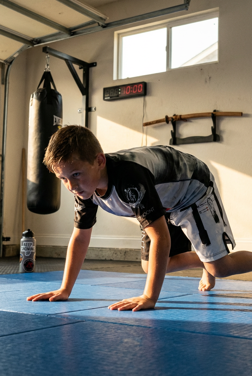 Young boy training in a Youth Torii Warrior BJJ Rash Guard and compression shorts on blue mats in a garage gym.