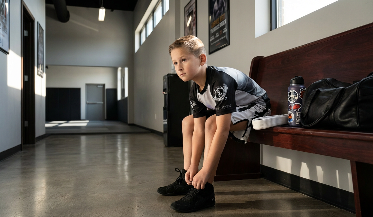 Young boy in the Youth Torii Warrior BJJ Rash Guard ties his shoes on a gym bench before Jiu-Jitsu training.