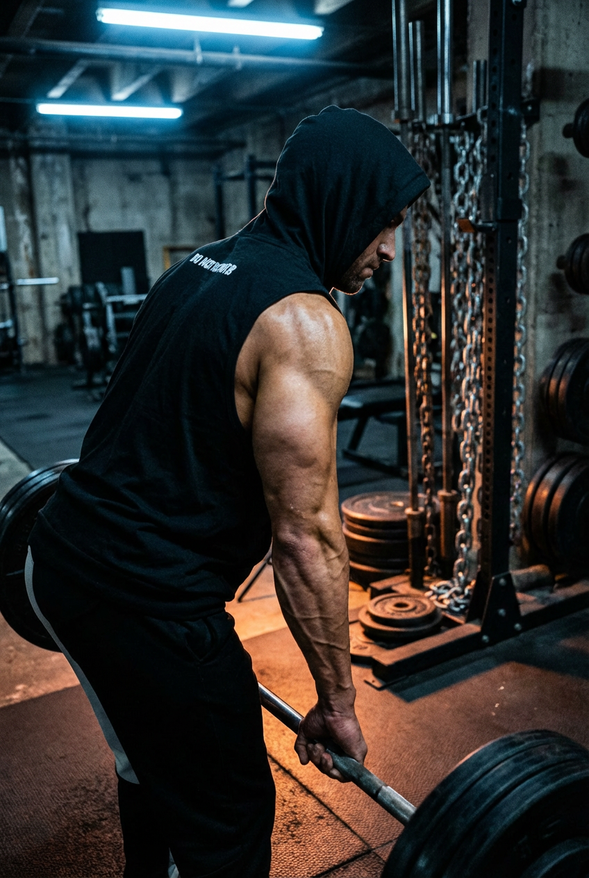 Muscular man deadlifting in a Top Mount black sleeveless gym hoodie with DO NOT DISTURB text on back.