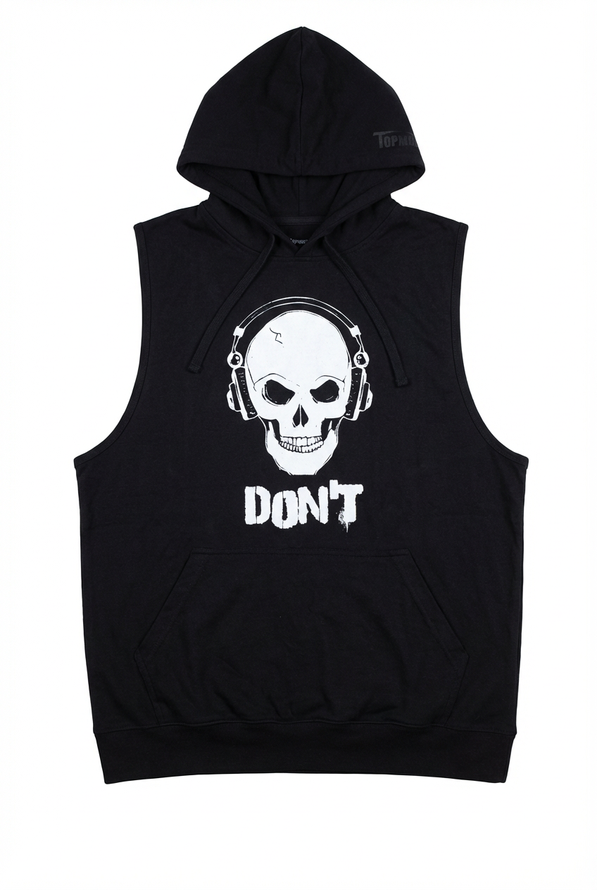 Black sleeveless gym hoodie with a skull wearing headphones graphic, 'DON'T' text, and a front kangaroo pocket.