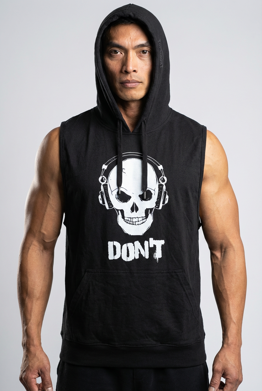 Man in black sleeveless gym hoodie featuring skull with headphones graphic and kangaroo pocket for training focus.