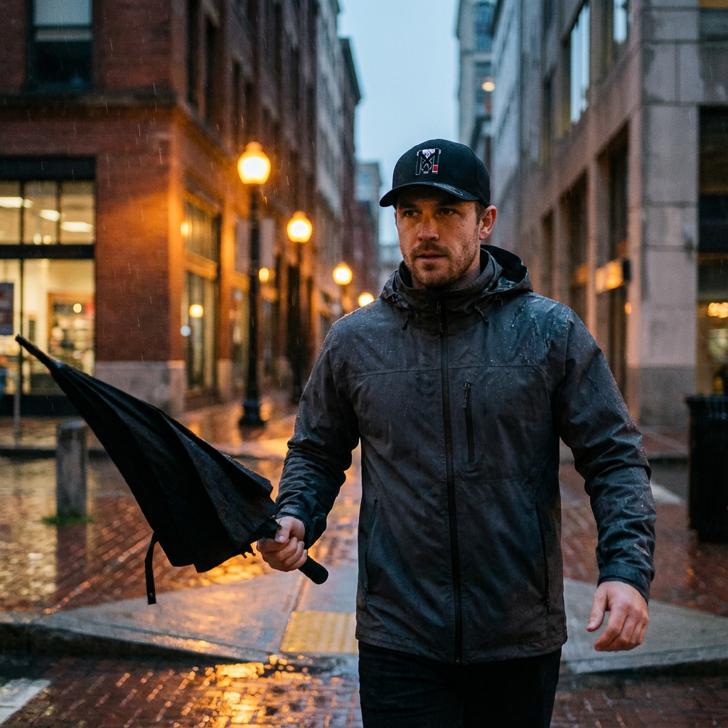 Man wearing a Top Mount Jiu Jitsu Flex Fit Hat in black with embroidered logo walking on a rainy city street.