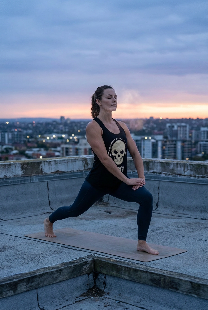 Woman doing a lunge on a rooftop mat at sunset wearing the Women's DON'T Gym Tank Top for BJJ and yoga.