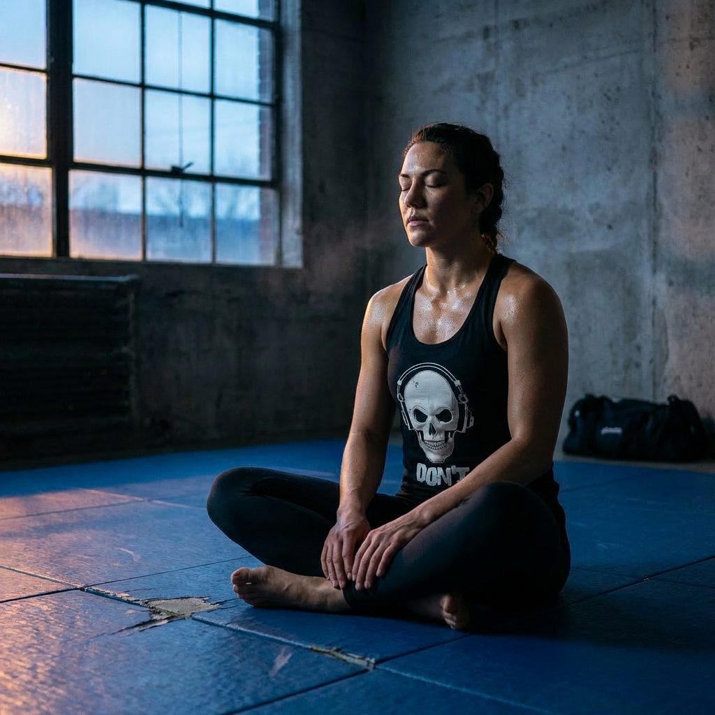 Sweaty woman meditating on blue BJJ mats wearing a black DON'T Gym Tank Top with a skull and headphones design.