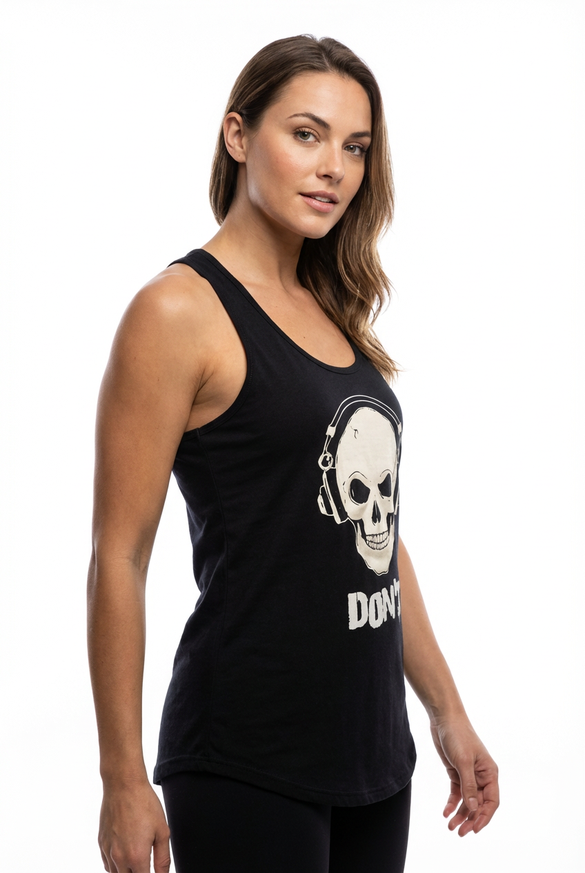 Woman wearing the DON'T Gym Tank Top in black, featuring a skull with headphones graphic for BJJ and workout focus.