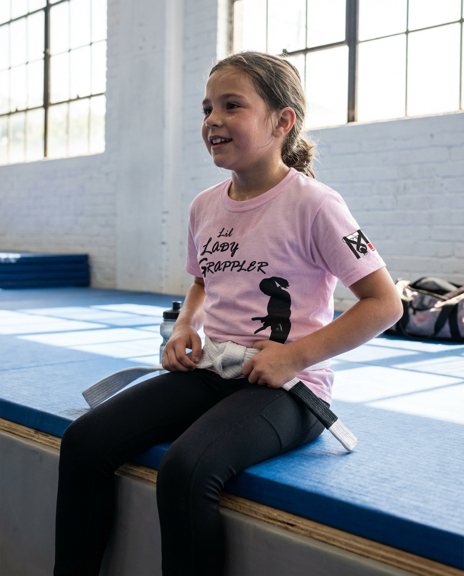 Smiling young girl in pink Lil Lady Grappler BJJ shirt, adjusting white belt on a blue Jiu Jitsu mat.