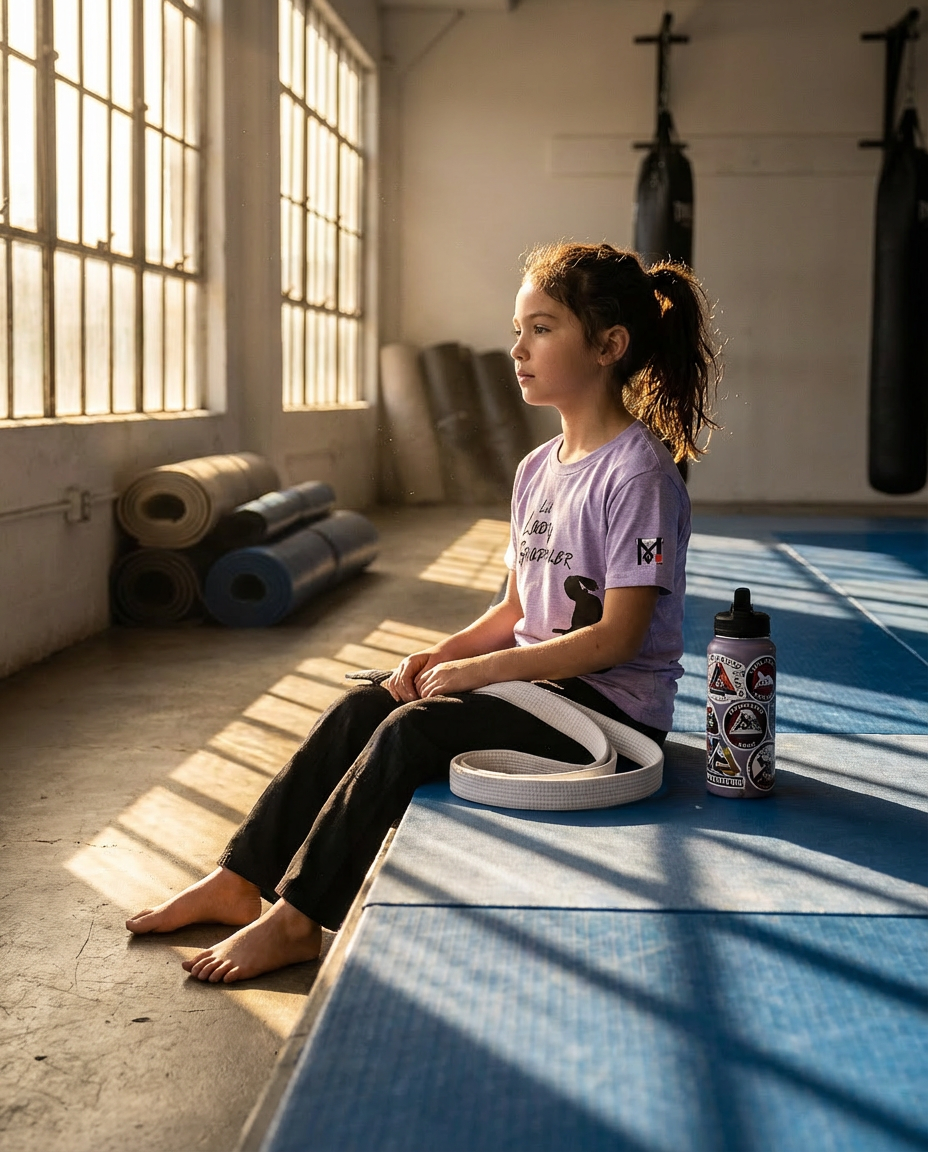 Young girl wearing the Lil Lady Grappler Youth Jiu Jitsu T-Shirt sits on blue mats with her BJJ white belt.