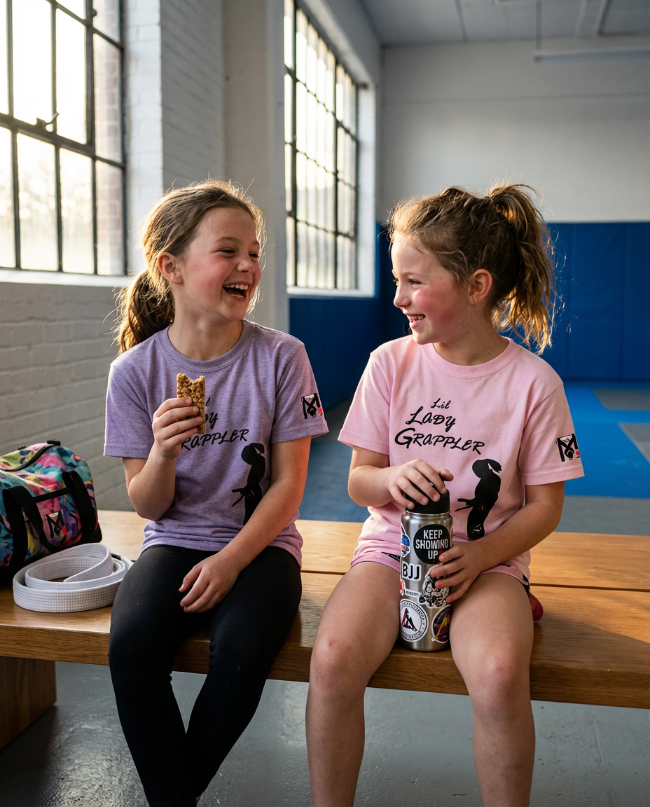 Two young girls laughing in Lil Lady Grappler Youth Girls Jiu Jitsu T-Shirts in pink and purple at a BJJ gym.