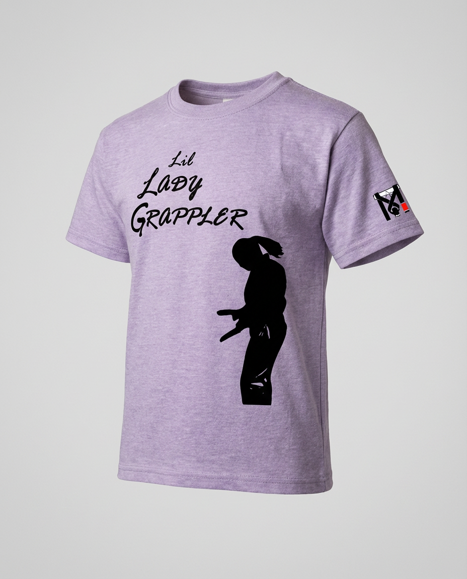 Lavender youth girls BJJ t-shirt with Lil Lady Grappler text, girl jiu jitsu silhouette, and Top Mount sleeve logo.