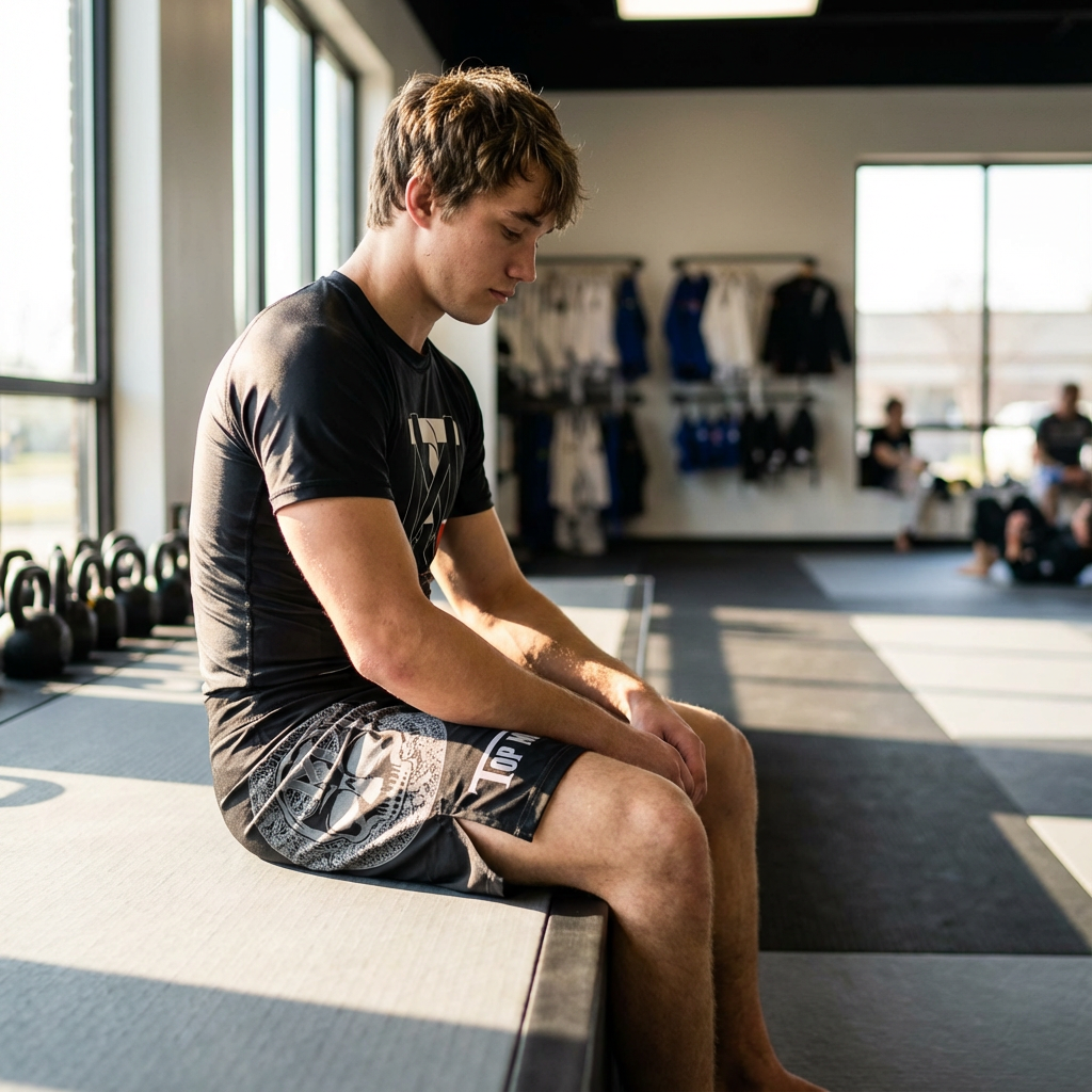 Man in BJJ gym wearing Ancient Warrior Aztec grappling shorts and black rash guard sitting on a training mat near weights.