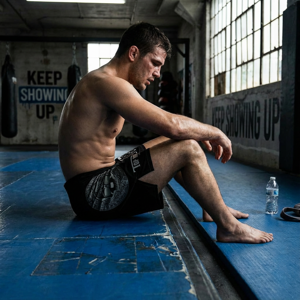 MMA fighter sitting on blue gym mats wearing Aztec No-Gi BJJ grappling shorts after a training session.