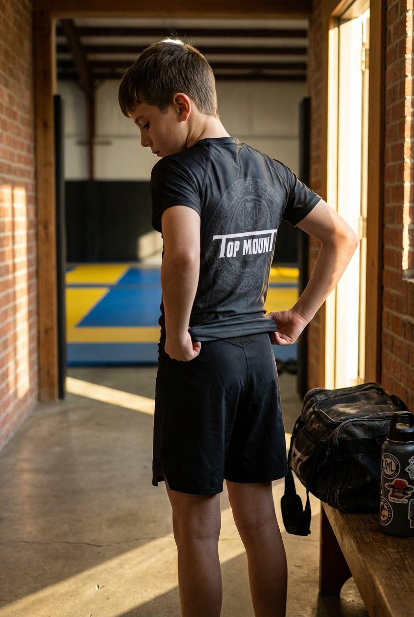 Youth boy wearing Top Mount Aztec BJJ rashguard and black shorts, adjusting fit near gym mats for martial arts training.