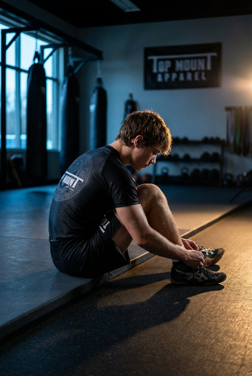 Youth athlete wearing a black Aztec BJJ rashguard and Top Mount compression gear while tying shoes in a No-Gi gym.