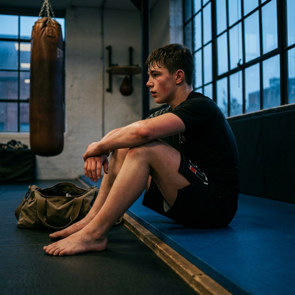 Young athlete in a gym wearing Youth Aztec MMA Shorts for No-Gi BJJ, sitting on blue mats by a heavy bag.