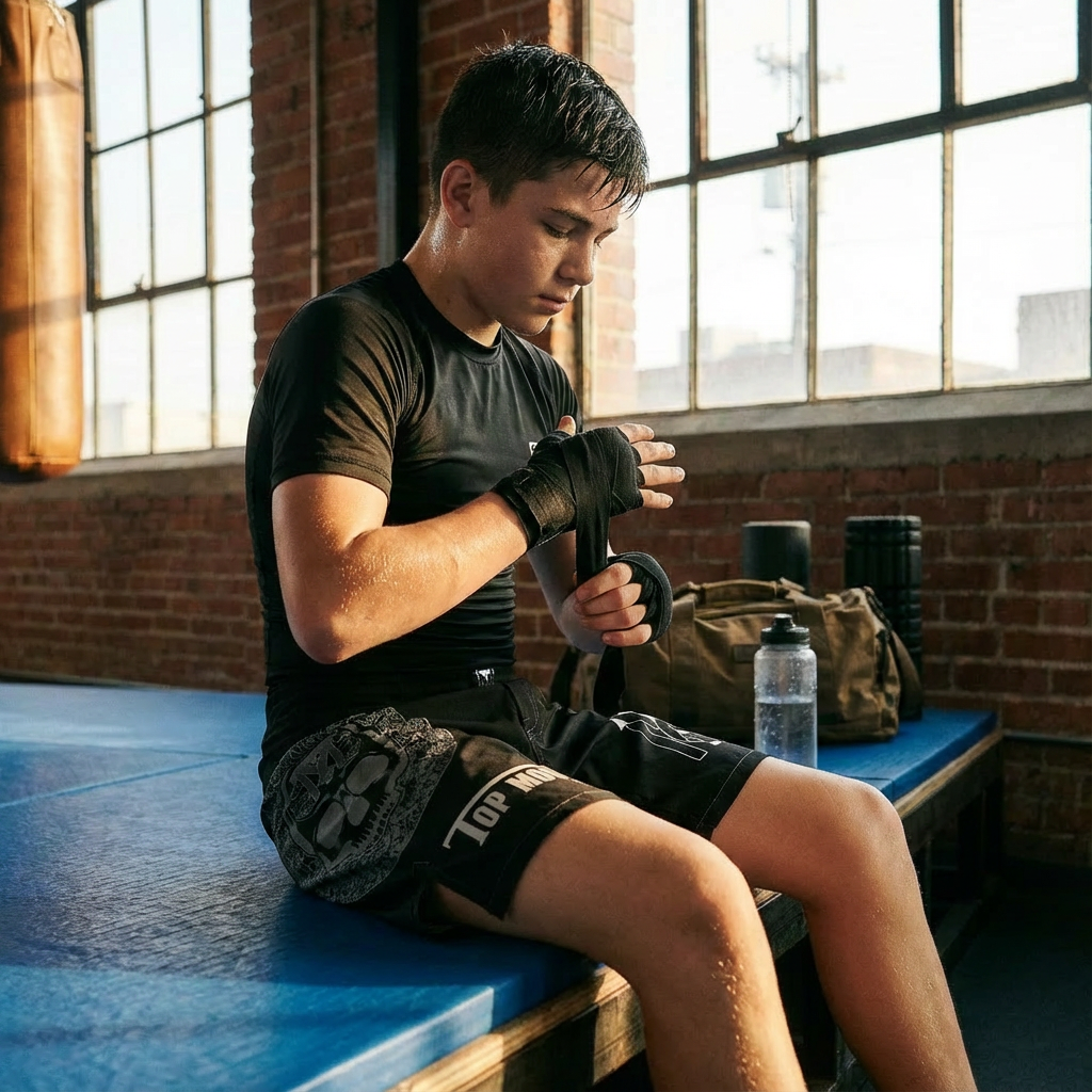 Youth athlete in a gym wrapping hands for No-Gi BJJ training, wearing Top Mount Youth Aztec MMA Shorts.