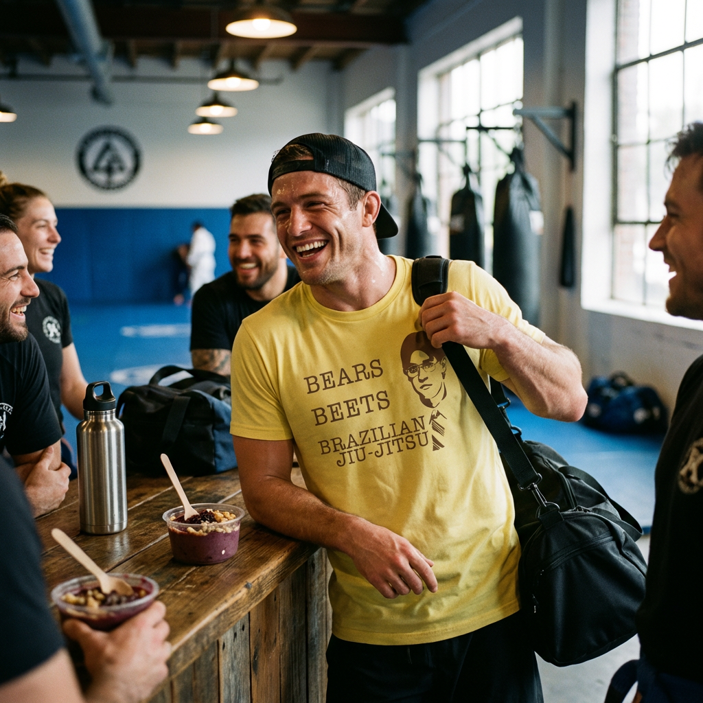 Man wearing yellow Bears Beets Brazilian Jiu Jitsu parody tee laughing at a BJJ gym with friends after training.