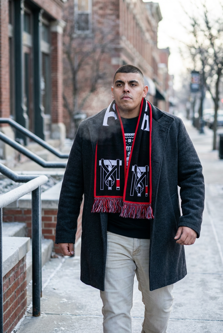 Man in a gray coat wearing a Top Mount Jiu Jitsu woven winter scarf with red fringe on a cold city street.
