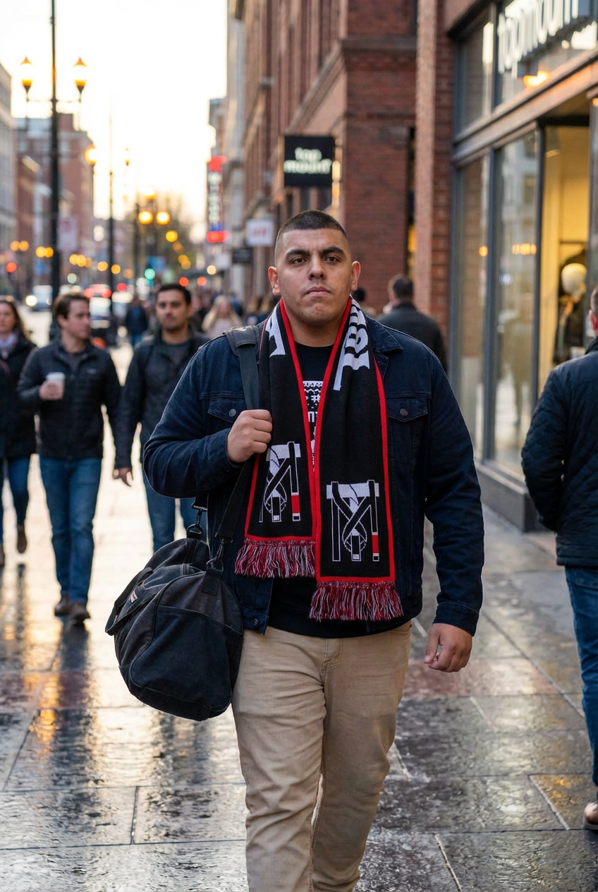 Man wearing a black and red Jiu Jitsu woven wrap scarf with fringe and BJJ graphics on a city street.