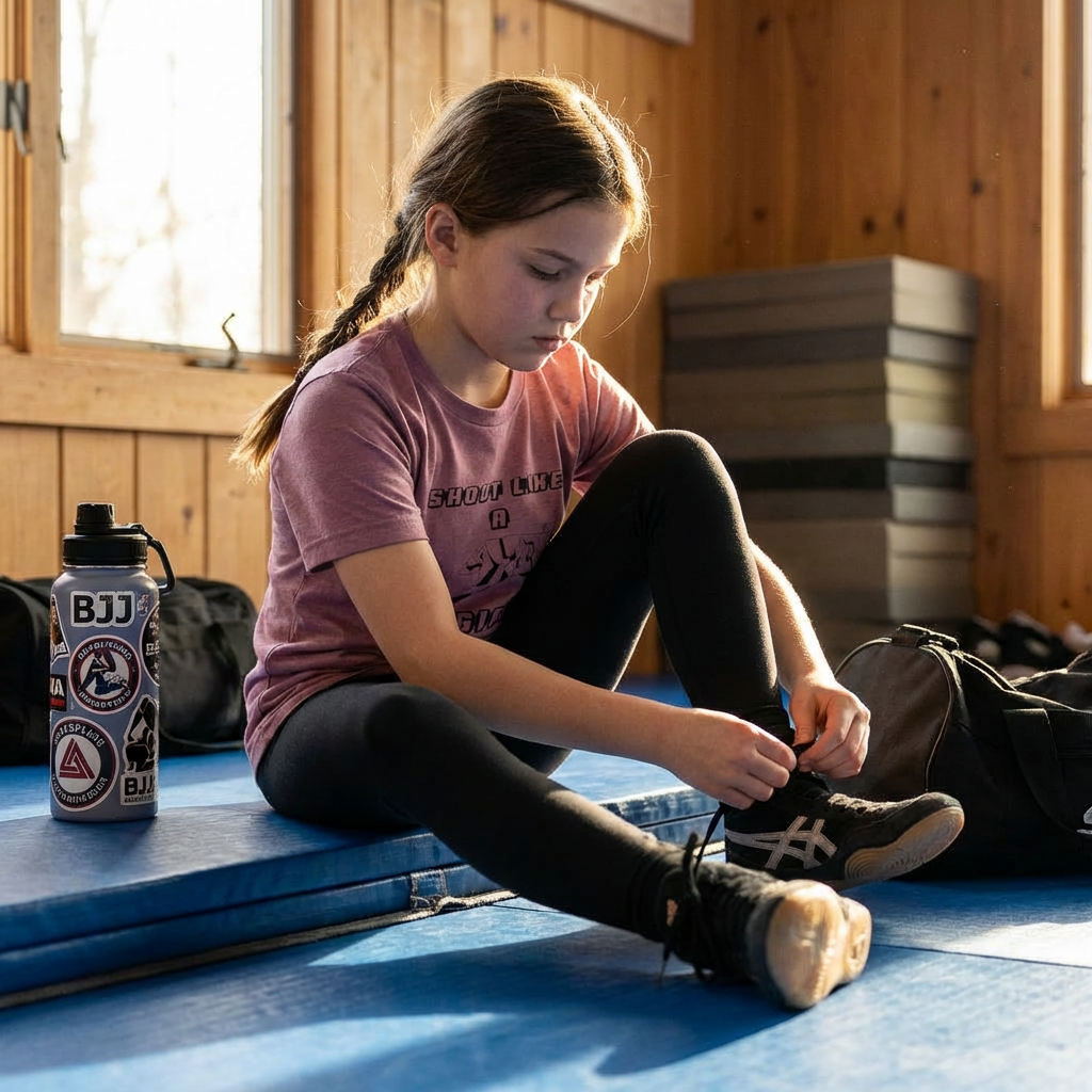 Girl in Shoot Like A Girl BJJ training tee lacing wrestling shoes on a blue gym mat during jiu jitsu practice.
