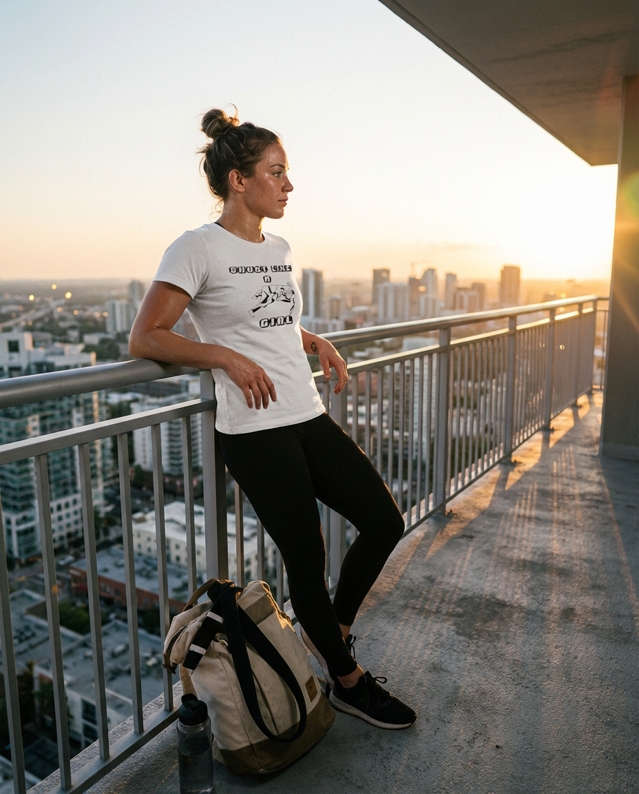 Woman in a white Shoot Like A Girl BJJ Training Tee on a balcony at sunset with a gym bag and city skyline.