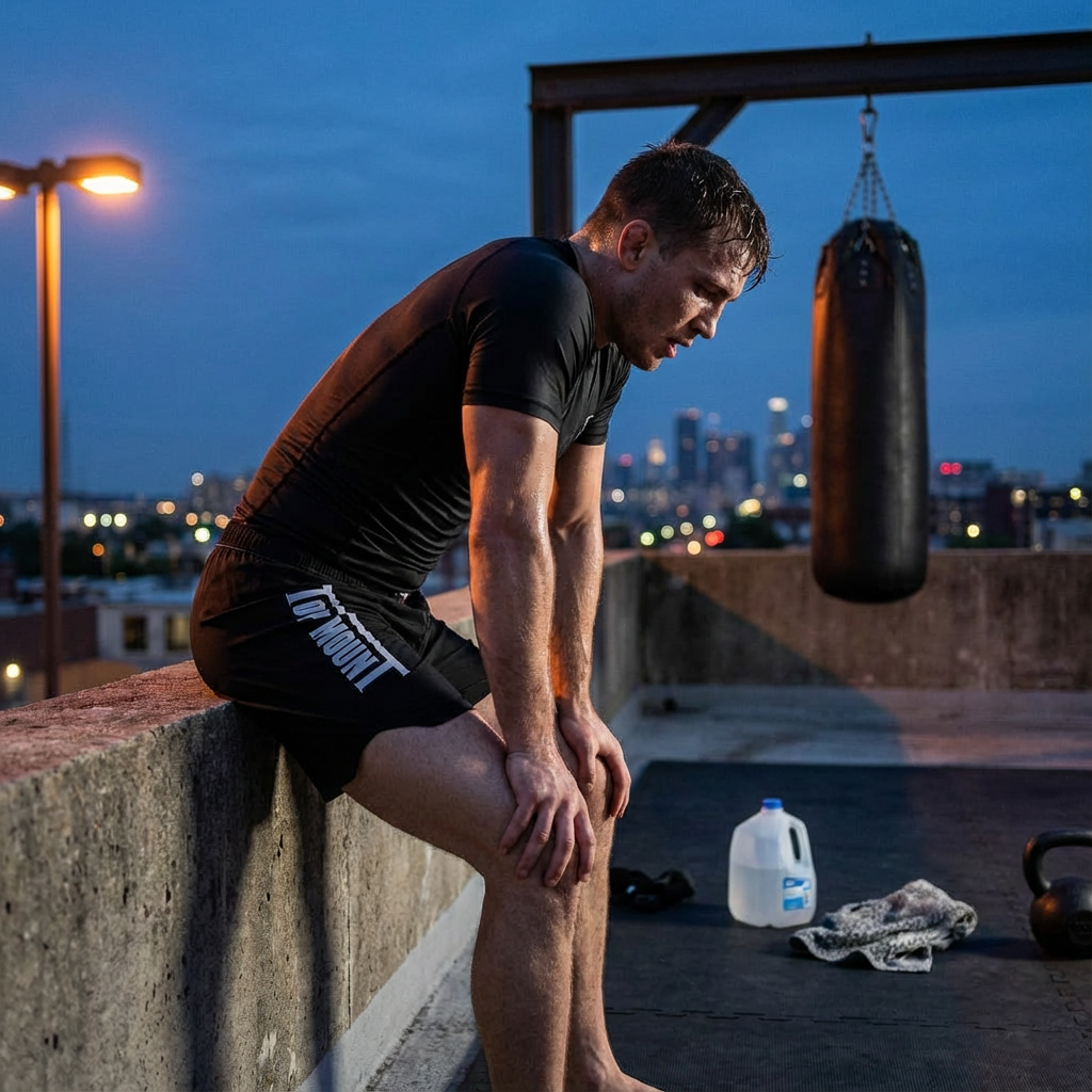 Athlete in Top Mount black BJJ Ranger Panties and rashguard resting at a rooftop gym with a heavy bag and city skyline.