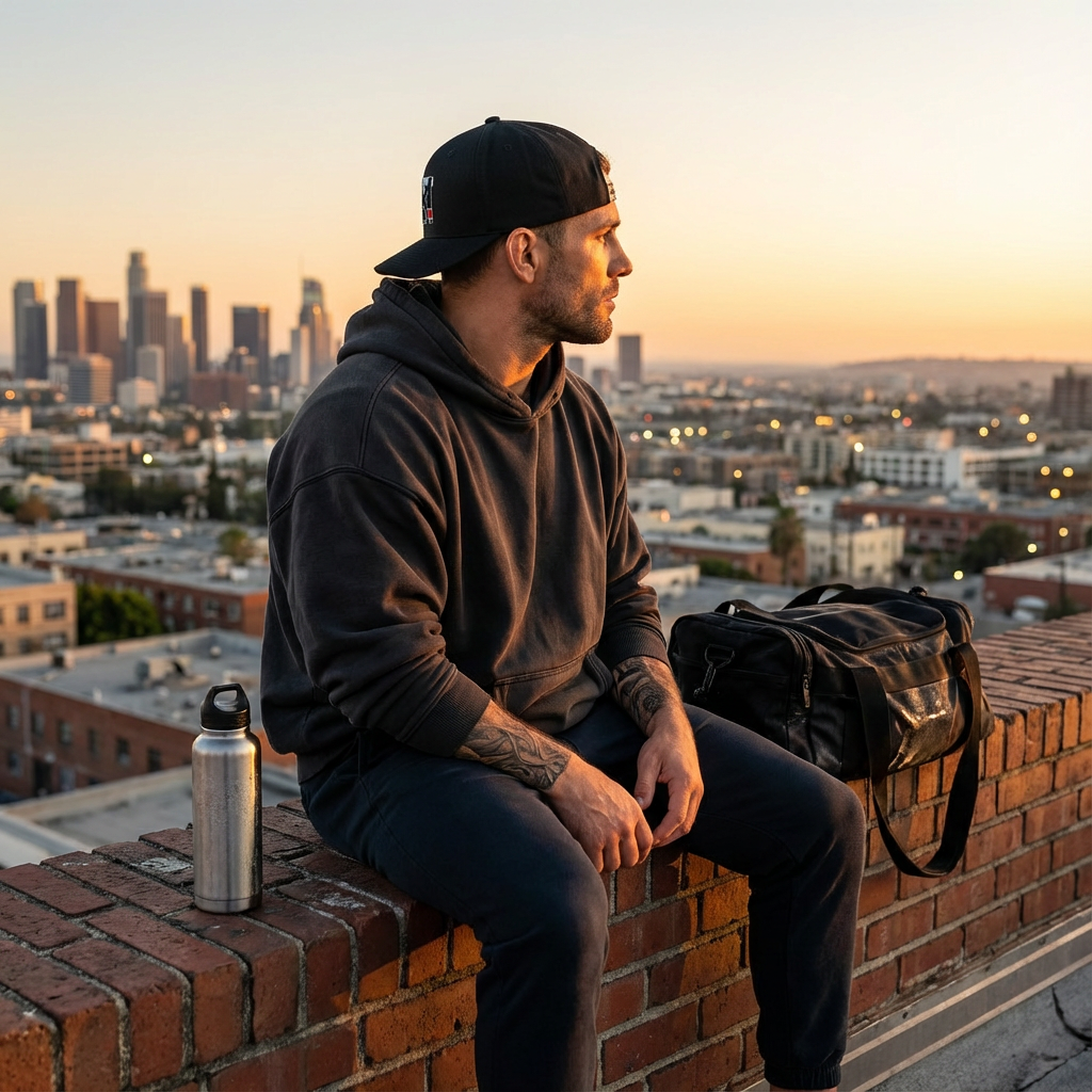 A male BJJ practitioner wears the black Top Mount Flex Fit Hat backwards on a rooftop at sunset after training.