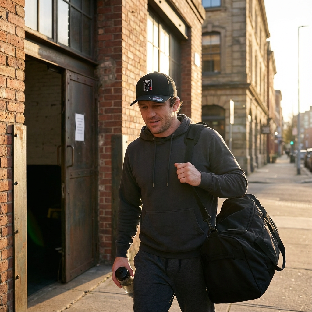 Man wearing Top Mount's Classic TM Logo Dad Snapback Embroidered Cap leaves a brick gym with a duffel bag at sunset.