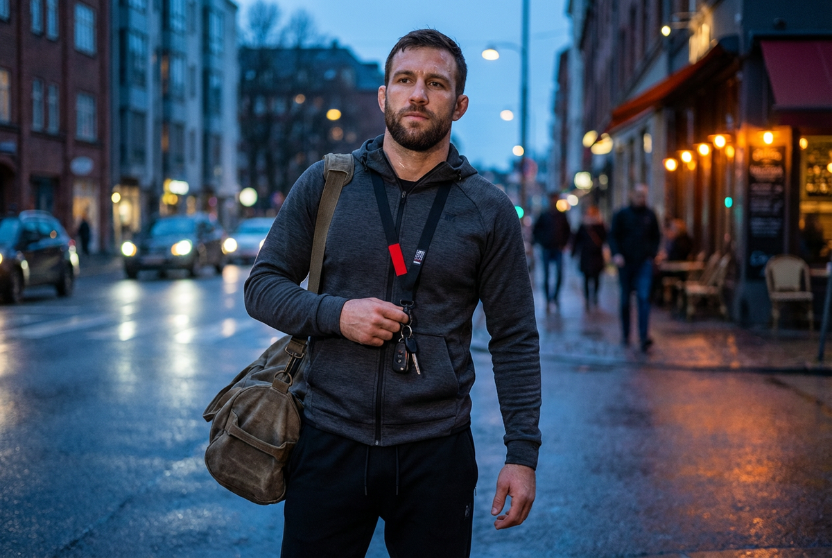 A BJJ practitioner on a city street at dusk wearing the Top Mount BJJ Rank Lanyard (black/red) with keys and a gym bag.