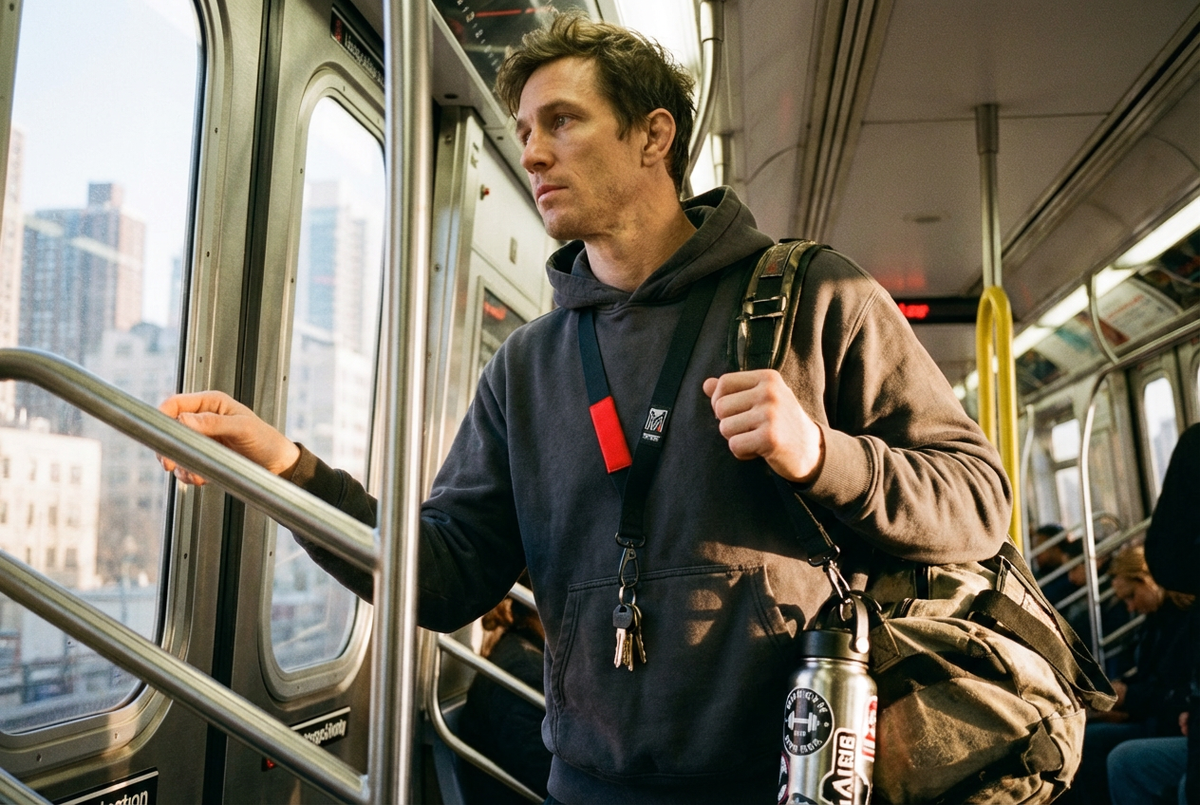 A man on a subway wears the black and red Top Mount BJJ Rank Lanyard with keys attached during his commute.