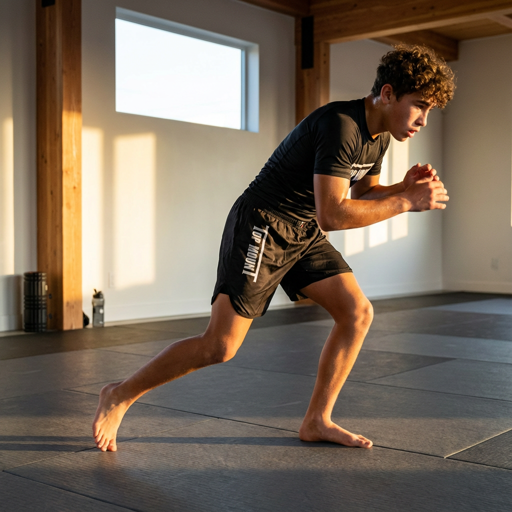 A young athlete training in black Top Mount Youth BJJ Ranger Style silky shorts on sunlit gym mats.