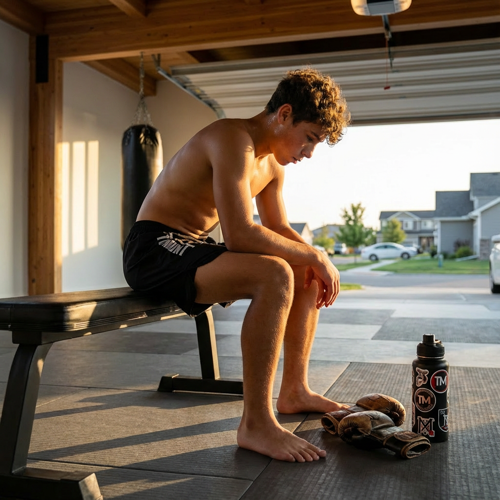 Sweating youth athlete in black Ranger Style silky BJJ shorts resting on a bench after grappling in a garage gym.