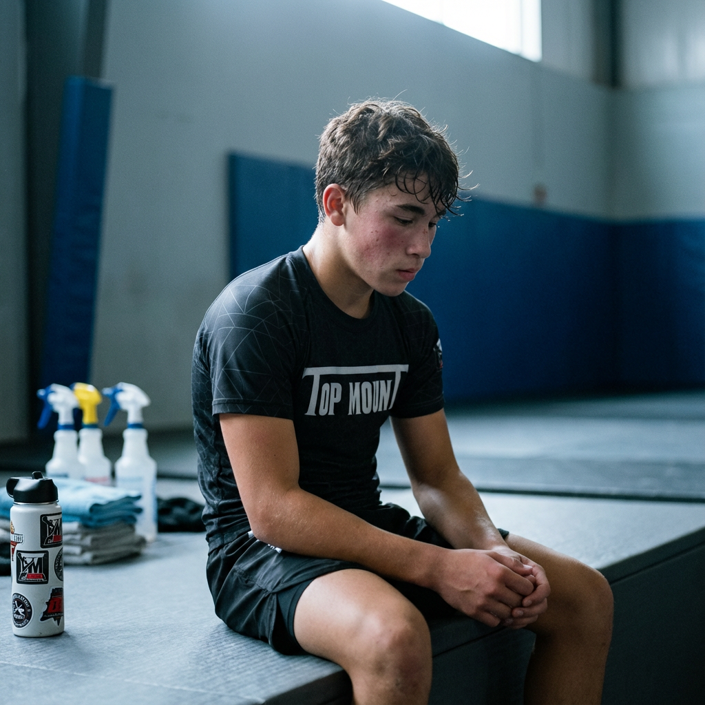 Young athlete wearing a Top Mount Youth Grid short sleeve BJJ rashguard sitting at a Jiu Jitsu gym.