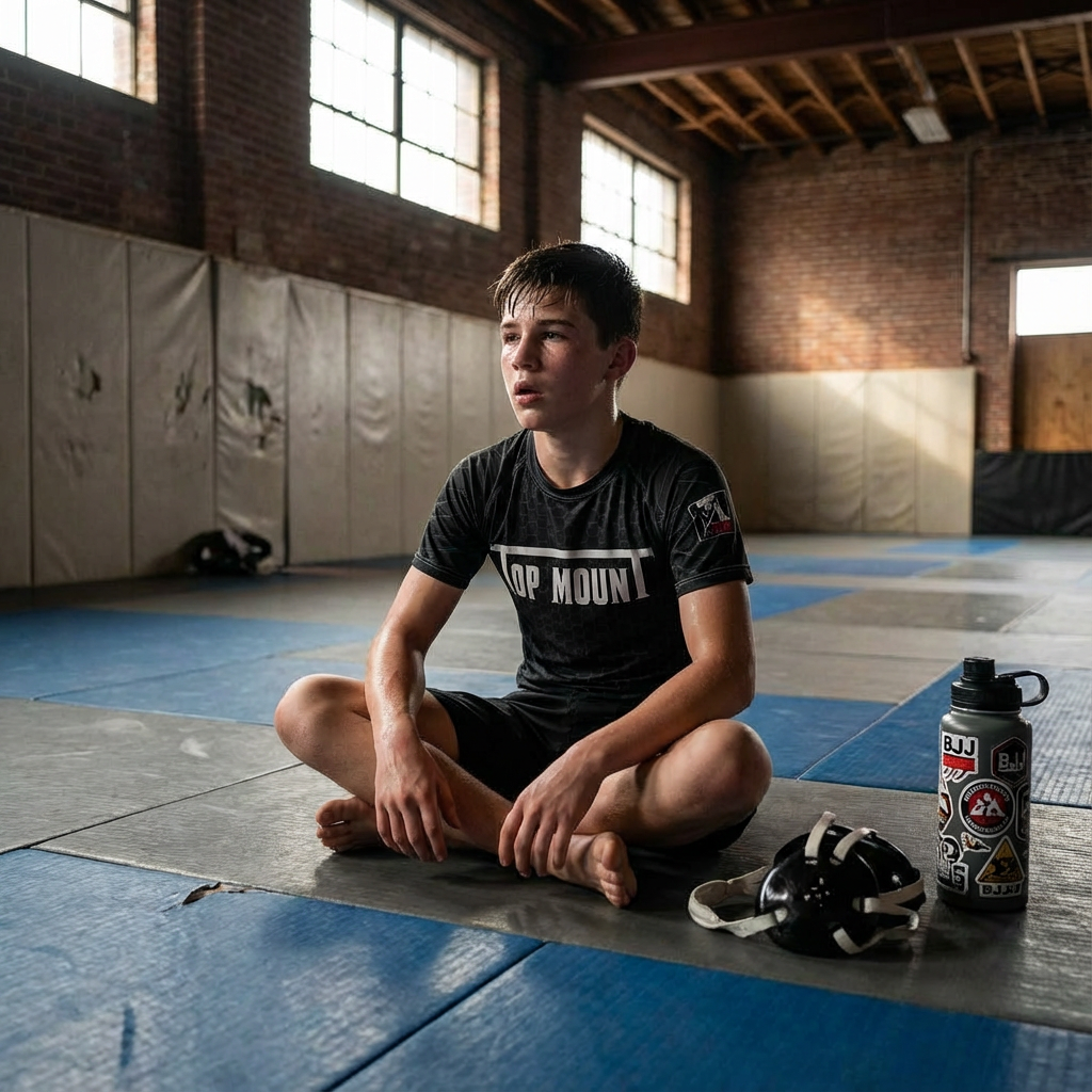 Young athlete wearing a Top Mount Youth short-sleeve rashguard sitting on blue and grey BJJ mats in a training gym.