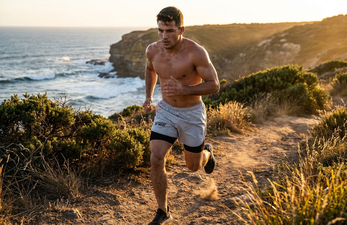 Man trail running in grey No-Gi BJJ Grappling Shorts with black compression liner on a coastal path.