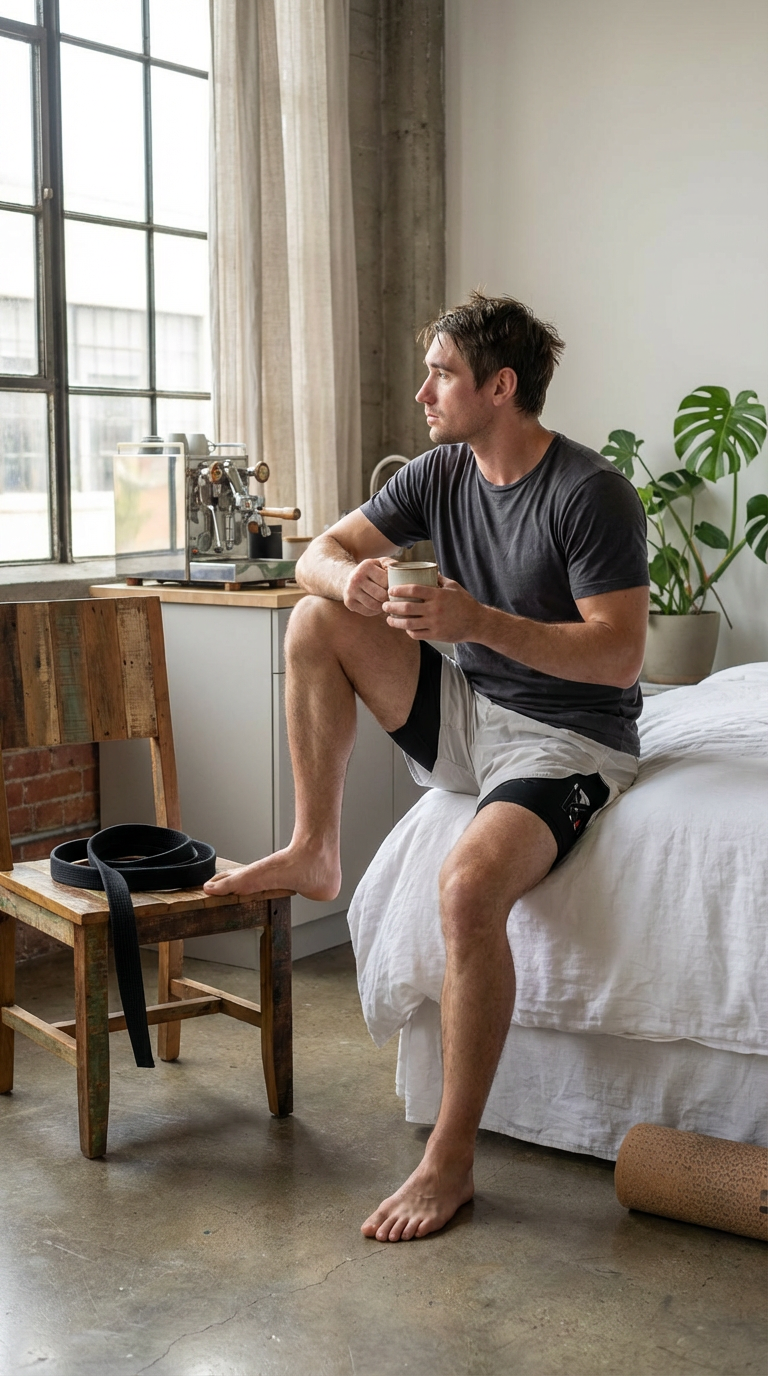 Man in Samurai Spirit No-Gi BJJ shorts with black compression liners sitting on a bed in a home lifestyle setting.