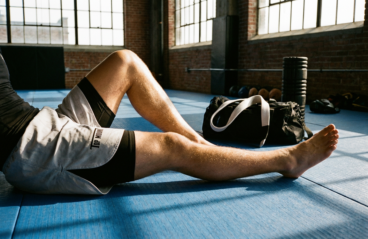 Youth Samurai Martial Arts Shorts in grey with black compression liner, worn by a grappler on blue BJJ mats.