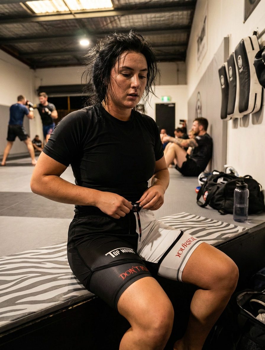 Woman in a BJJ gym adjusting the drawstring of her Savage Queen No-Gi Scramble Shorts by TopmounT.