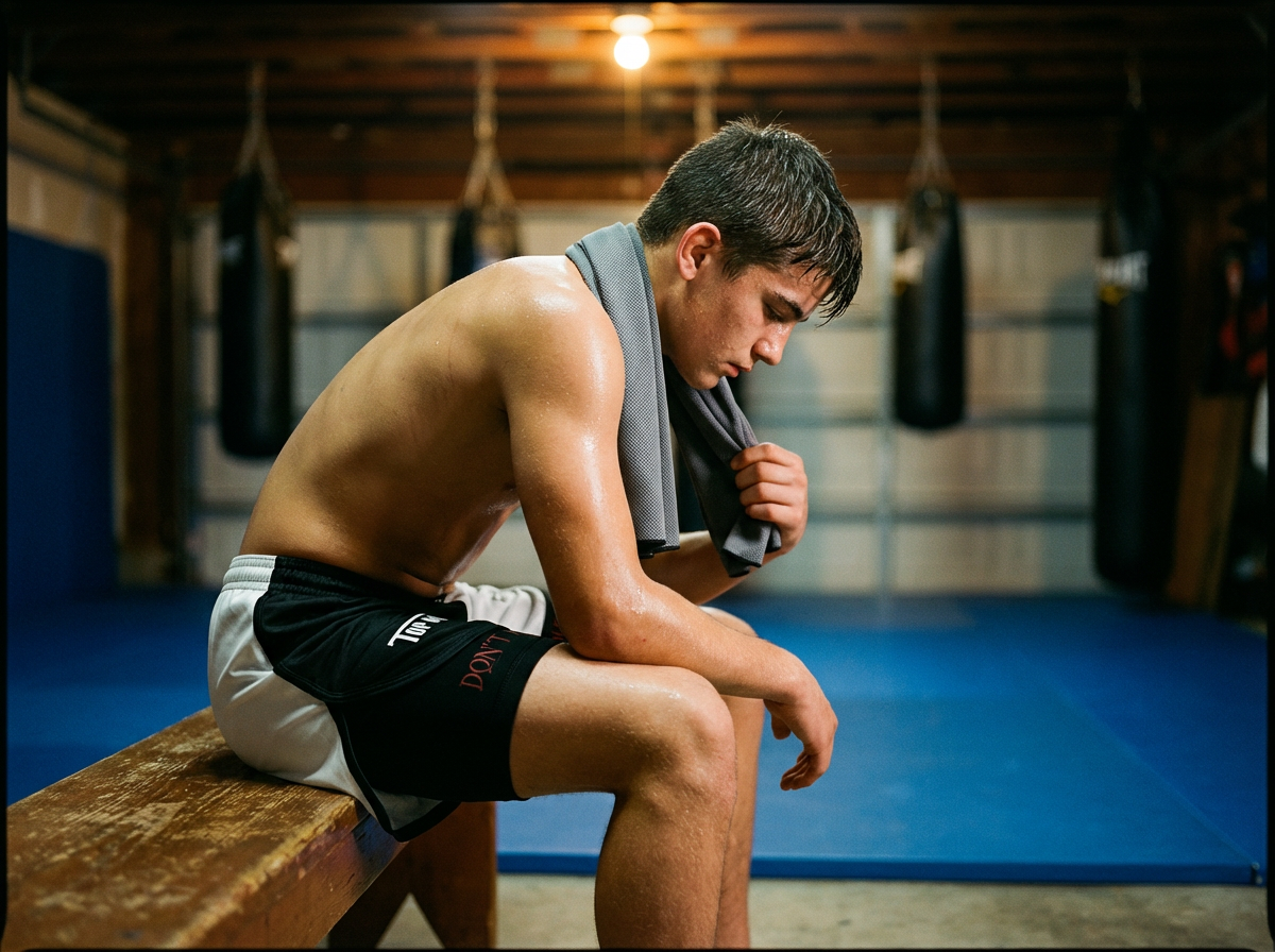 Youth athlete in black and white Savage Queen BJJ grappling shorts resting on a gym bench after a No-Gi workout.