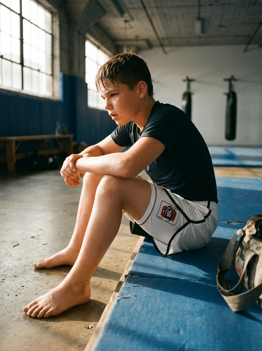 Youth BJJ athlete sitting on a gym mat in TopmounT Savage Queen dual-layer grappling shorts with jester skull logo.